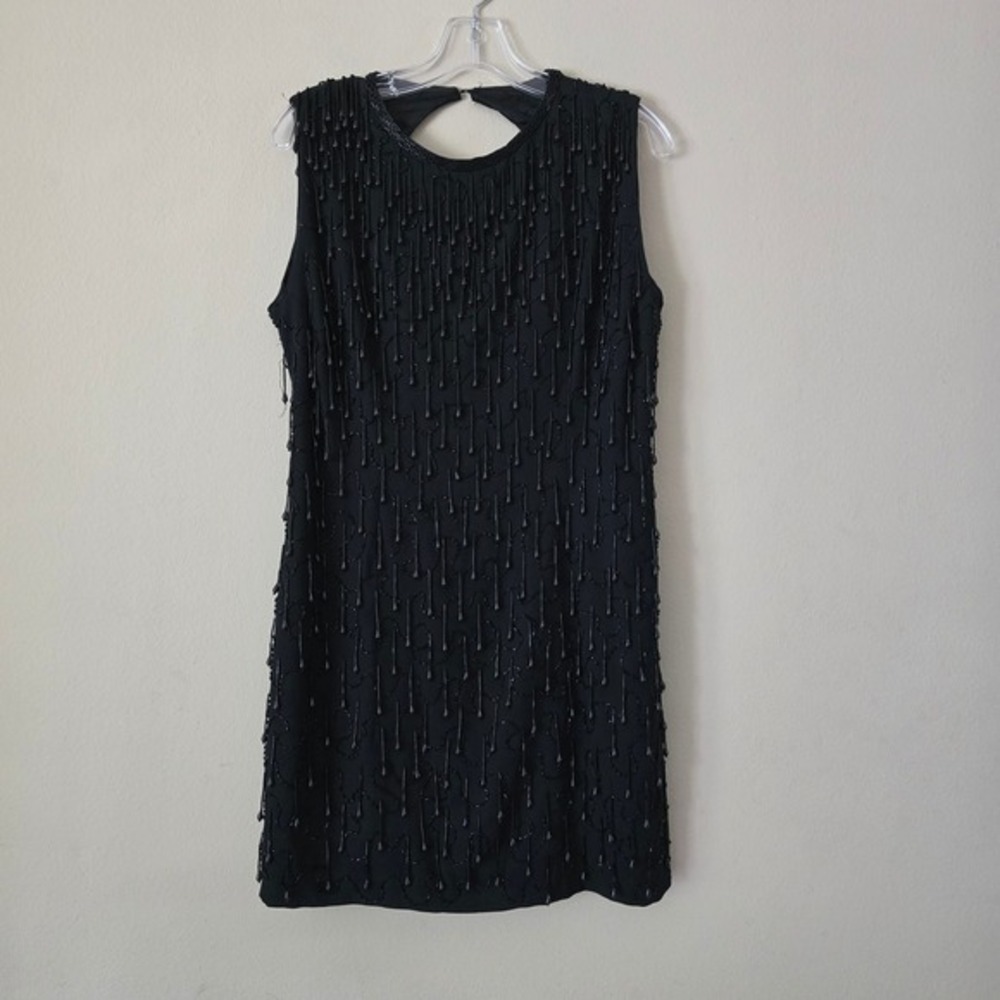 Vintage Black‎ Beaded Fringe Keyhole Back Sleeveless Cocktail Shift Dress Size L